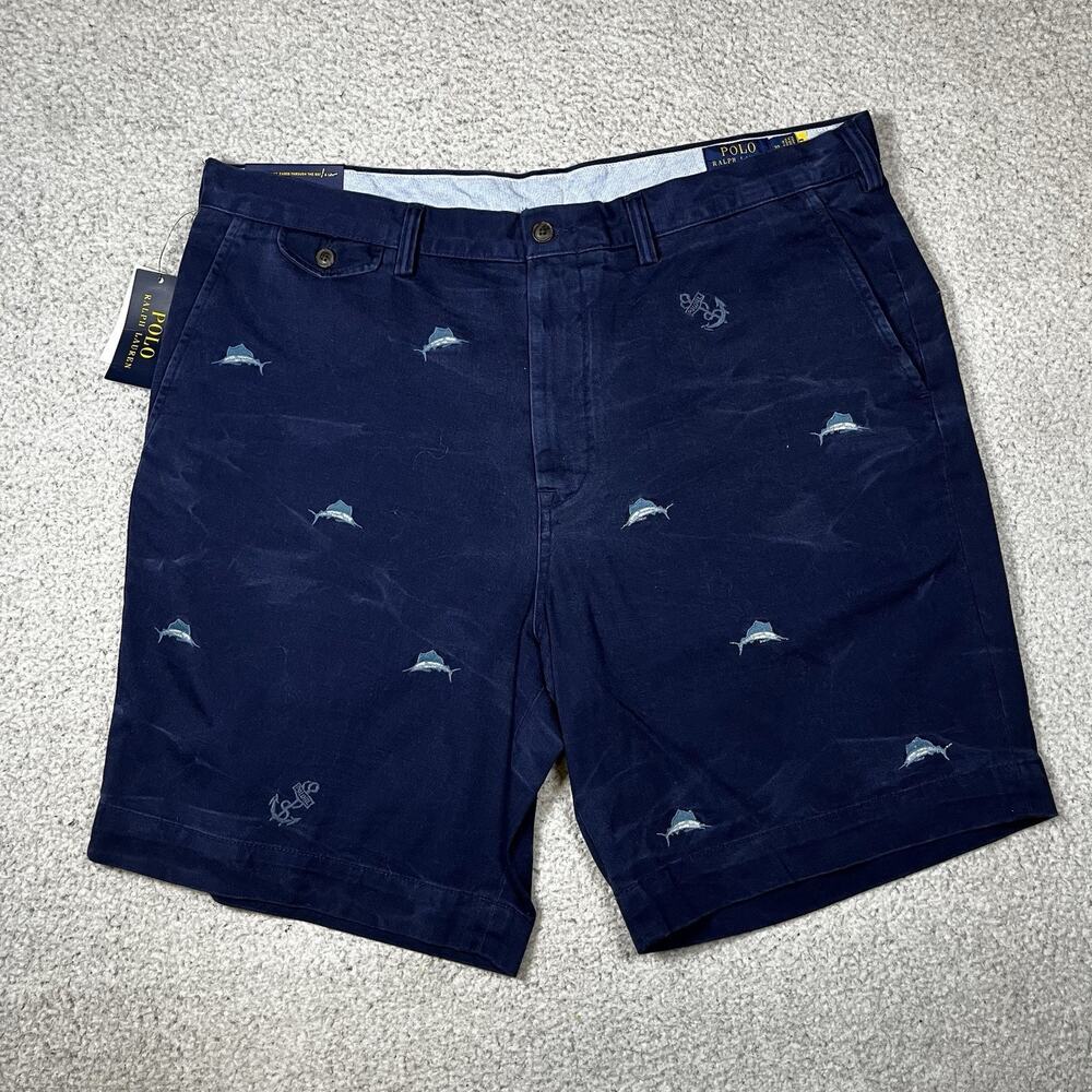 Polo Ralph Lauren Shorts Mens 38 Blue Chino Marlin Fish Embroidered Fishing